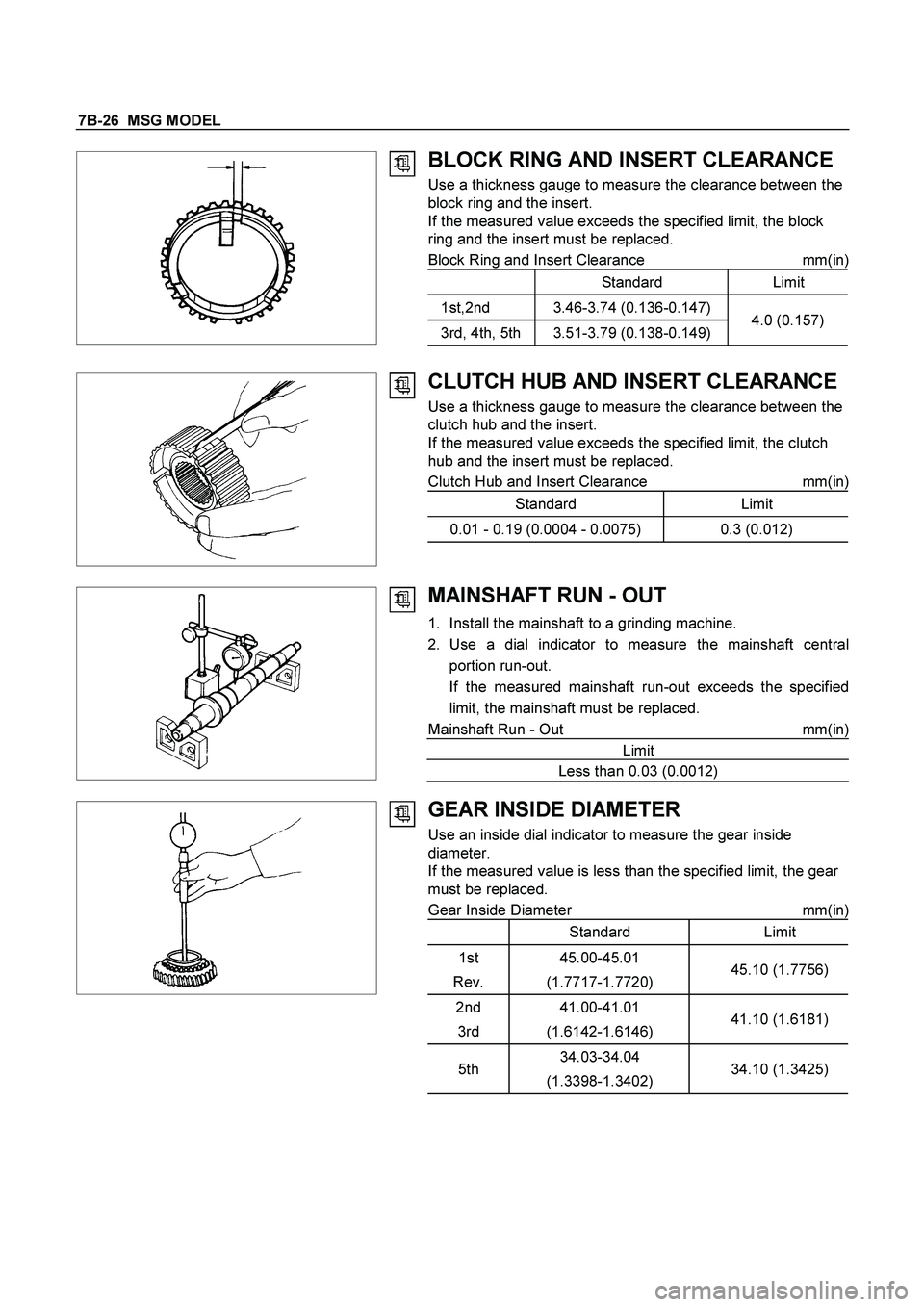 ISUZU TF SERIES 2004  Workshop Manual 7B-26  MSG MODEL 
 
  
 
 
BLOCK RING AND INSERT CLEARANCE 
Use a thickness gauge to measure the clearance between the 
block ring and the insert. 
If the measured value exceeds the specified limit, t