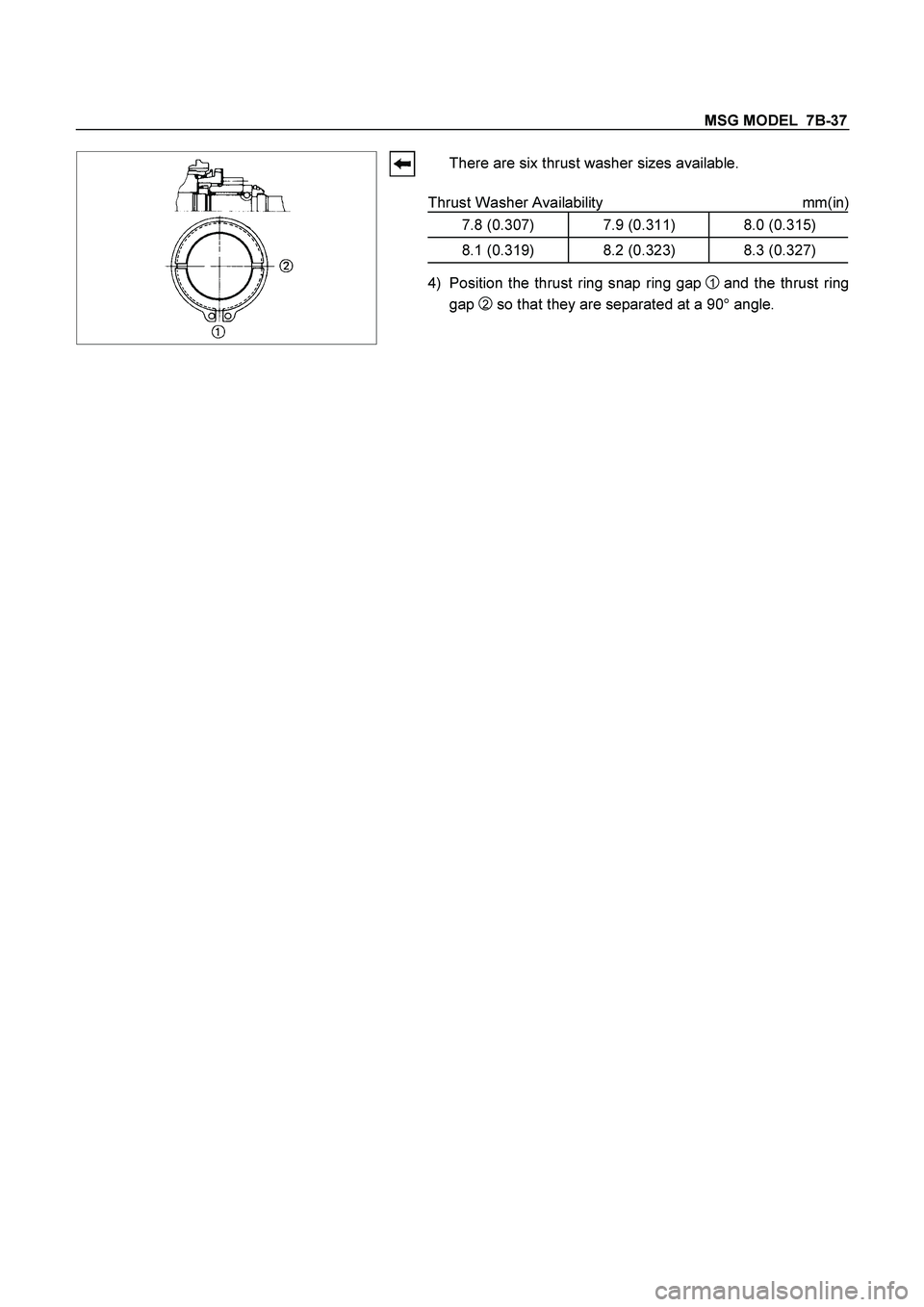 ISUZU TF SERIES 2004  Workshop Manual MSG MODEL  7B-37 
 
   
 There are six thrust washer sizes available. 
 
Thrust Washer Availability  mm(in)
7.8 (0.307) 7.9 (0.311) 8.0 (0.315)
8.1 (0.319) 8.2 (0.323) 8.3 (0.327)
4)  Position the thr