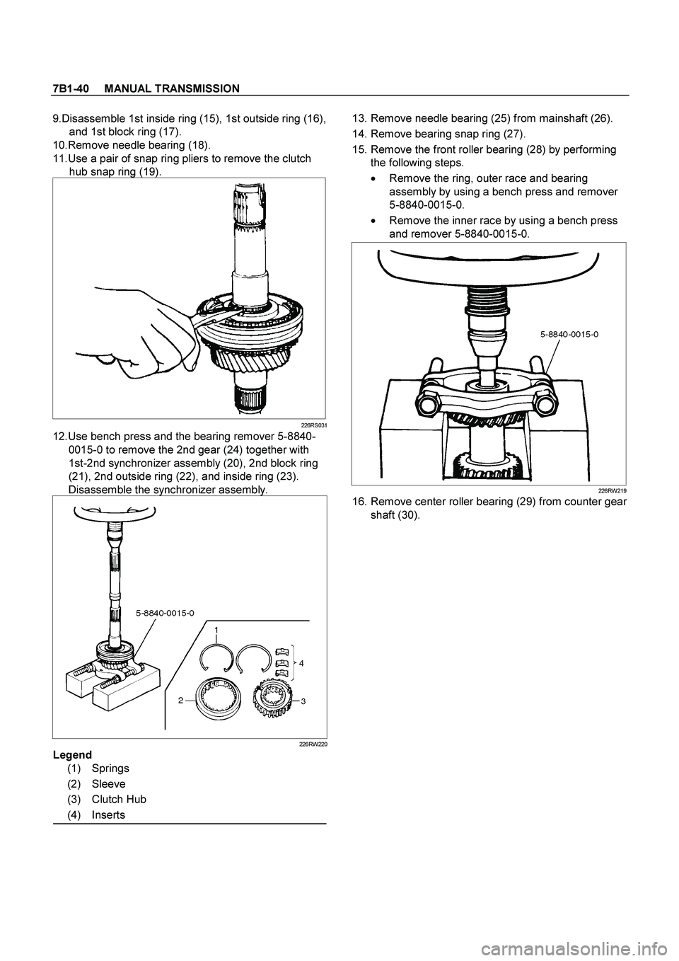 ISUZU TF SERIES 2004 Manual Online 7B1-40     MANUAL TRANSMISSION
 
9.Disassemble 1st inside ring (15), 1st outside ring (16), 
and 1st block ring (17). 
10.Remove needle bearing (18). 
11.Use a pair of snap ring pliers to remove the c