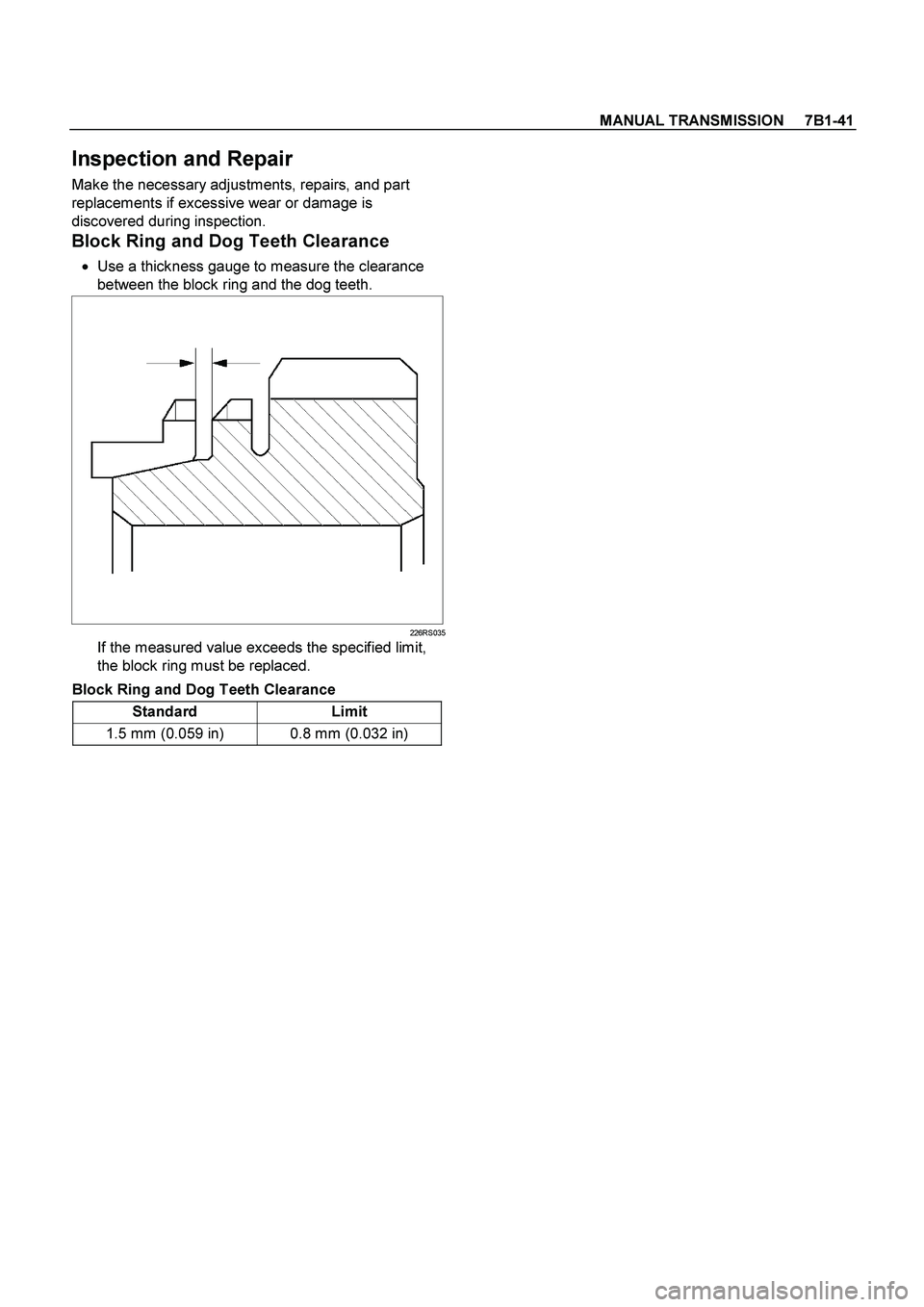 ISUZU TF SERIES 2004 Manual Online MANUAL TRANSMISSION     7B1-41
 
Inspection and Repair 
Make the necessary adjustments, repairs, and part 
replacements if excessive wear or damage is 
discovered during inspection. 
Block Ring and Do
