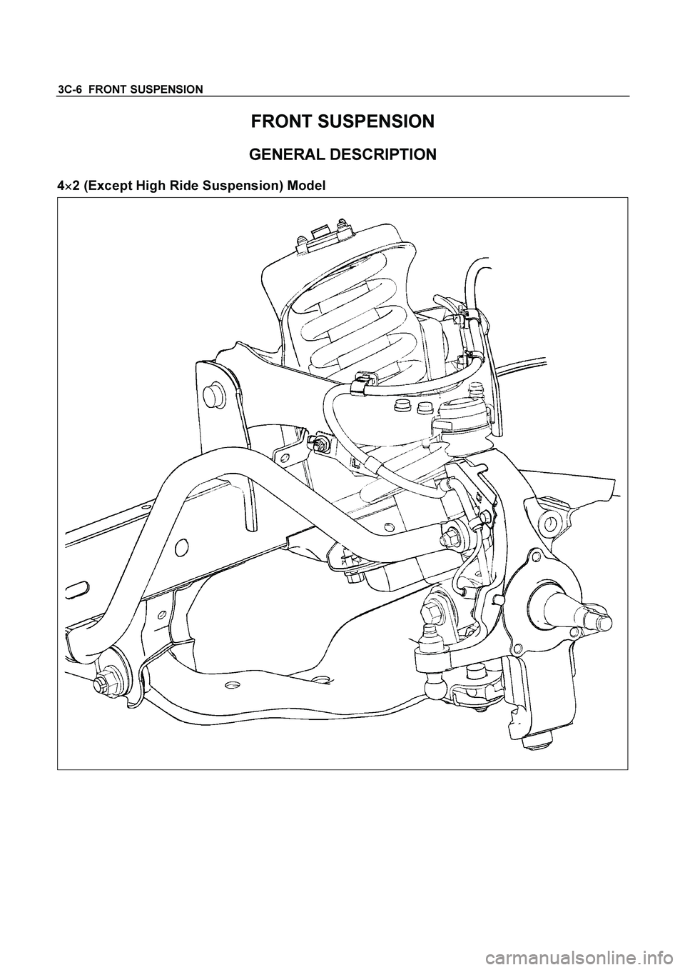 ISUZU TF SERIES 2004  Workshop Manual 3C-6  FRONT SUSPENSION 
FRONT SUSPENSION 
GENERAL DESCRIPTION 
 
4
 2 (Except High Ride Suspension) Model 
  
  
  