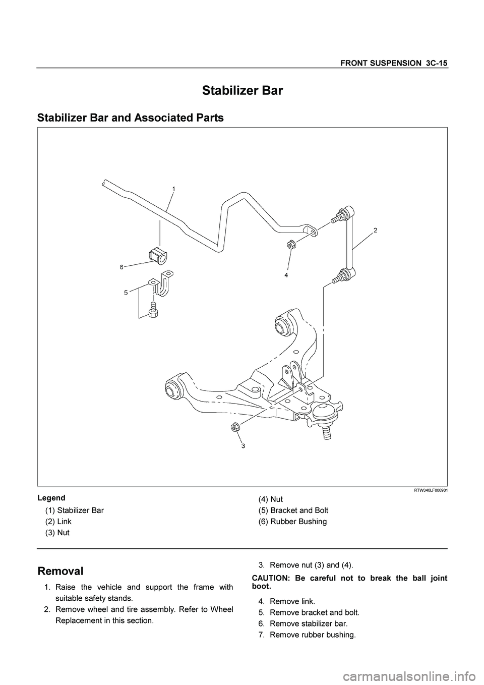 ISUZU TF SERIES 2004 Owners Manual FRONT SUSPENSION 3C-15
Stabilizer Bar
Stabilizer Bar and Associated Parts
RTW340LF000901
Legend
(1)
Stabilizer Bar
(2)
Link
(3)
Nut
(4)
Nut
(5)
Bracket and Bolt
ISUZU TF SERIES 2004 Owners Manual FRONT SUSPENSION 3C-15
Stabilizer Bar
Stabilizer Bar and Associated Parts
RTW340LF000901
Legend
(1)
Stabilizer Bar
(2)
Link
(3)
Nut
(4)
Nut
(5)
Bracket and Bolt