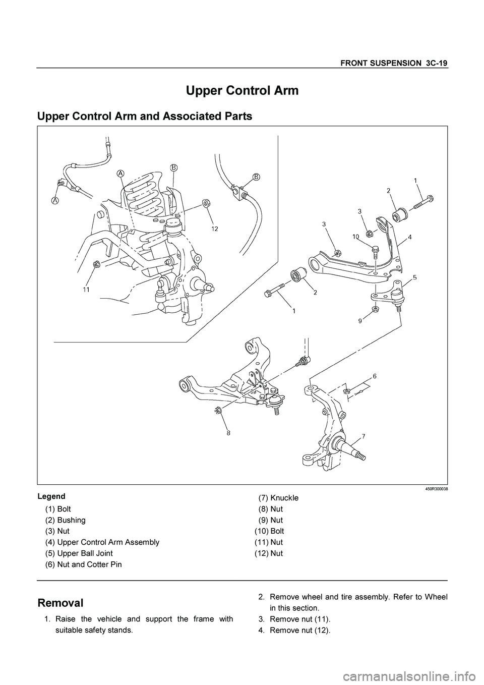 ISUZU TF SERIES 2004 Workshop Manual FRONT SUSPENSION 3C-19
Upper Control Arm
Upper Control Arm and Associated Parts
450R300038
Legend
(1)
Bolt
(2)
Bushing
(3)
Nut
(4)
Upper Control Arm Assembly
(5)
Upper ISUZU TF SERIES 2004 Workshop Manual FRONT SUSPENSION 3C-19
Upper Control Arm
Upper Control Arm and Associated Parts
450R300038
Legend
(1)
Bolt
(2)
Bushing
(3)
Nut
(4)
Upper Control Arm Assembly
(5)
Upper