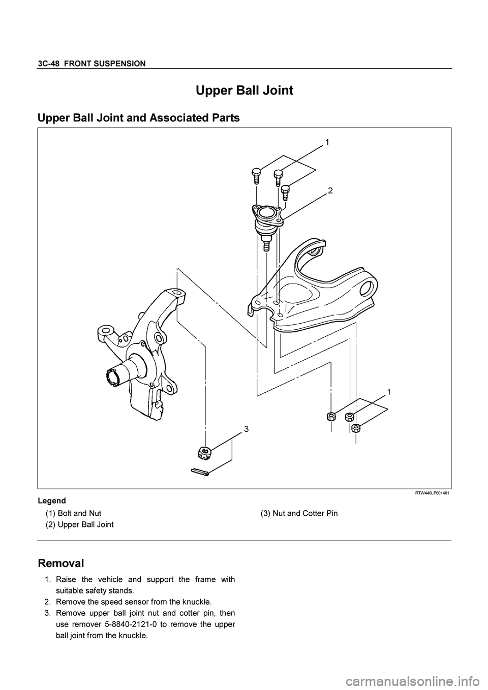 ISUZU TF SERIES 2004  Workshop Manual 3C-48  FRONT SUSPENSION
 
Upper Ball Joint 
Upper Ball Joint and Associated Parts 
  
 
 RTW440LF001401 
Legend 
 
(1) 
Bolt and Nut 
 
(2) 
Upper Ball Joint 
  
 
  (3) Nut and Cotter Pin 
 
 
Remova