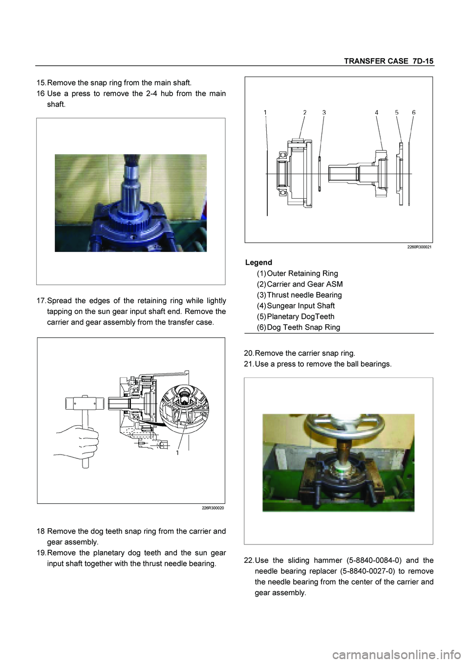 ISUZU TF SERIES 2004  Workshop Manual TRANSFER CASE  7D-15
 
15. 
Remove the snap ring from the main shaft. 
16 
Use a press to remove the 2-4 hub from the main 
shaft. 
 
 
 
 
 
 
 
 
17. 
Spread the edges of the retaining ring while li