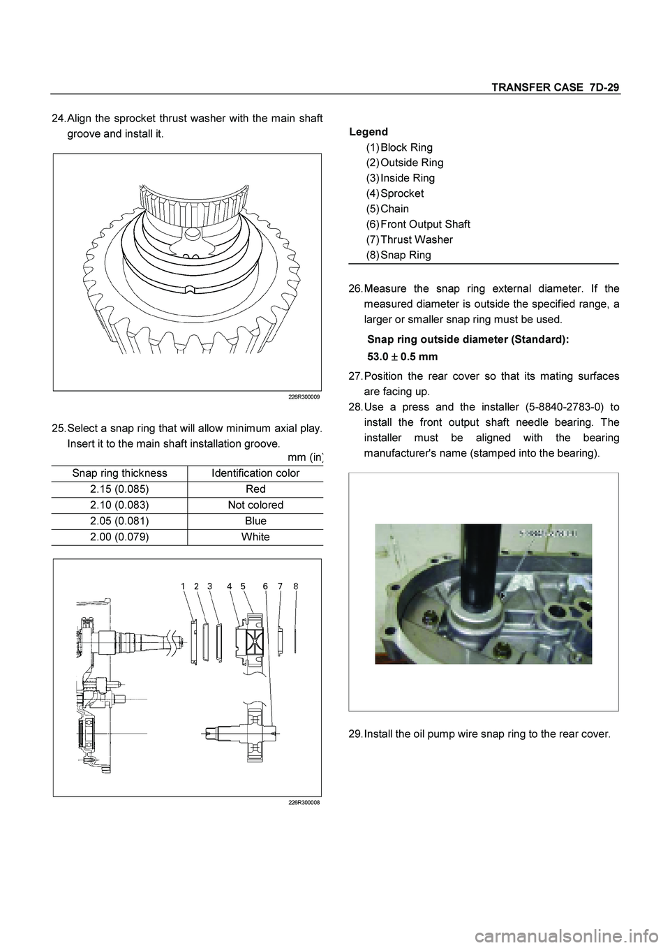 ISUZU TF SERIES 2004  Workshop Manual TRANSFER CASE  7D-29
 
24. 
Align the sprocket thrust washer with the main shaft 
groove and install it. 
 
226R300009
 
25. Select a snap ring that will allow minimum axial play. 
Insert it to the ma