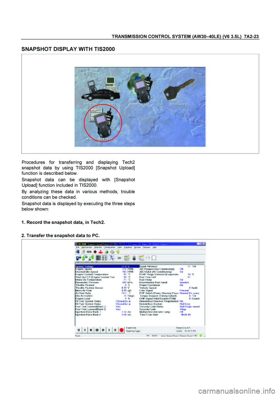 ISUZU TF SERIES 2004 Workshop Manual TRANSMISSION CONTROL SYSTEM (AW30 –40LE) (V6 3.5L) 7A2-23
SNAPSHOT DISPLAY WITH TIS2000
Procedures for transferring and displaying Tech2
snapshot data by using TIS2000 [Snapshot Uploa ISUZU TF SERIES 2004 Workshop Manual TRANSMISSION CONTROL SYSTEM (AW30 –40LE) (V6 3.5L) 7A2-23
SNAPSHOT DISPLAY WITH TIS2000
Procedures for transferring and displaying Tech2
snapshot data by using TIS2000 [Snapshot Uploa