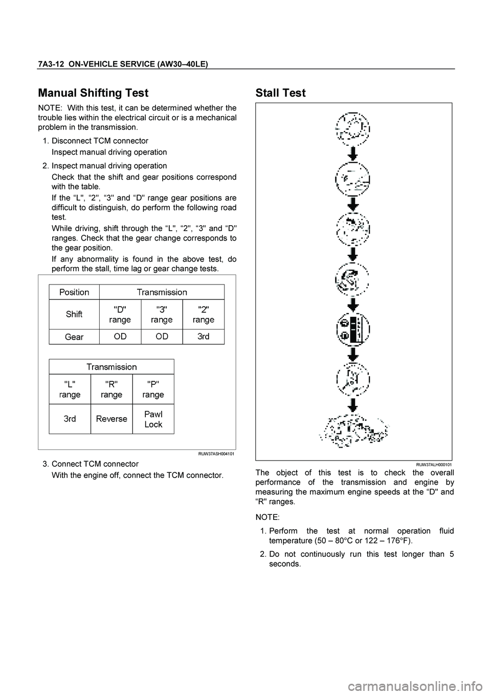 ISUZU TF SERIES 2004 Repair Manual 7A3-12  ON-VEHICLE SERVICE (AW30 –40LE) 
 
Manual Shifting Test 
NOTE:  With this test, it can be determined whether the 
trouble lies within the electrical circuit or is a mechanical
problem in the