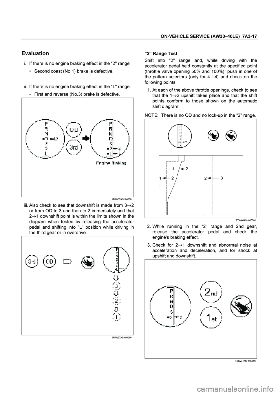 ISUZU TF SERIES 2004 Workshop Manual ON-VEHICLE SERVICE (AW30 –40LE) 7A3-17
Evaluation
i. If there is no engine braking effect in the “2" range:
Second coast (No.1) brake is defective.
ii. If there is no engine br ISUZU TF SERIES 2004 Workshop Manual ON-VEHICLE SERVICE (AW30 –40LE) 7A3-17
Evaluation
i. If there is no engine braking effect in the “2" range:
Second coast (No.1) brake is defective.
ii. If there is no engine br