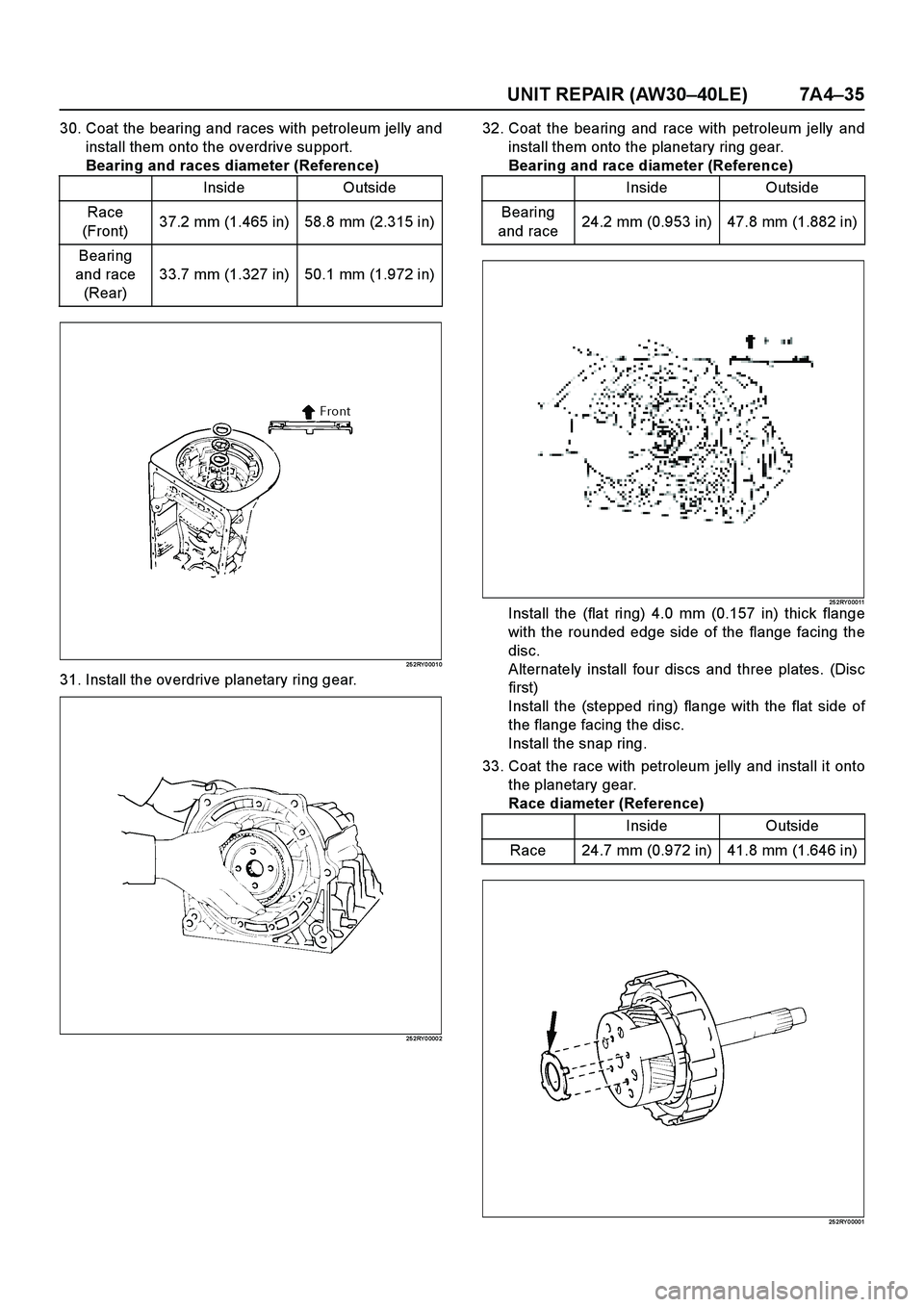 ISUZU TF SERIES 2004  Workshop Manual UNIT REPAIR (AW30–40LE) 7A4–35
30. Coat the bearing and races with petroleum jelly and
install them onto the overdrive support.
Bearing and races diameter (Reference)
25 2RY 0 001 0
31. Install th