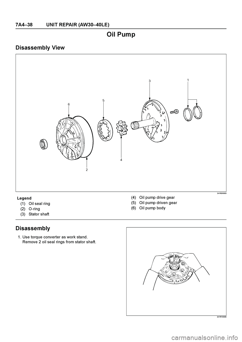ISUZU TF SERIES 2004  Workshop Manual 7A4–38 UNIT REPAIR (AW30–40LE)
Oil Pump
Disassembly  View
2 41R20 0003
E nd O FCallo ut
Disassembly
1. Use torque converter as work stand.
Remove 2 oil seal rings from stator shaft.
24 1RY 0 0005
