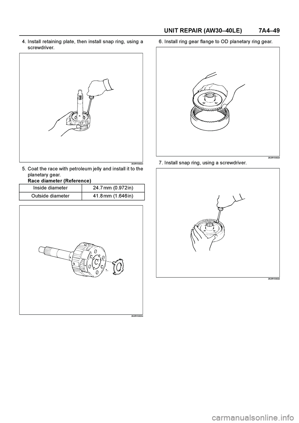 ISUZU TF SERIES 2004  Workshop Manual UNIT REPAIR (AW30–40LE) 7A4–49
4. Install retaining plate, then install snap ring, using a
screwdriver.
25 2RY 0 002 4
5. Coat the race with petroleum jelly and install it to the
planetary gear.
R