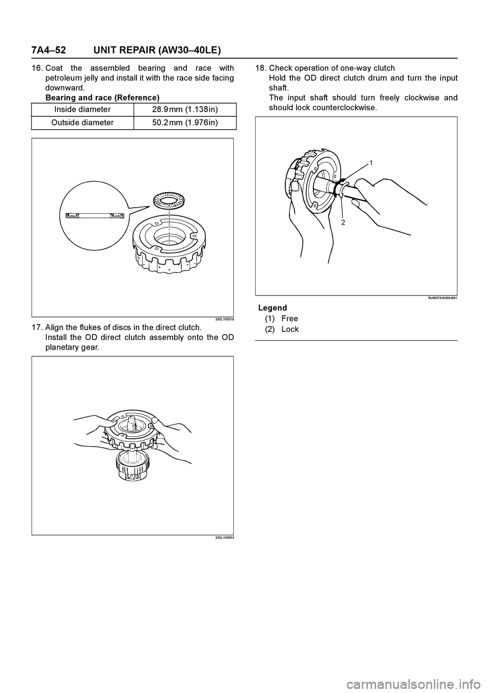 ISUZU TF SERIES 2004  Workshop Manual 7A4–52 UNIT REPAIR (AW30–40LE)
16. Coat the assembled bearing and race with
petroleum jelly and install it with the race side facing
downward.
Bearing and race (Reference)
2 52L10 001 5
17. Align 