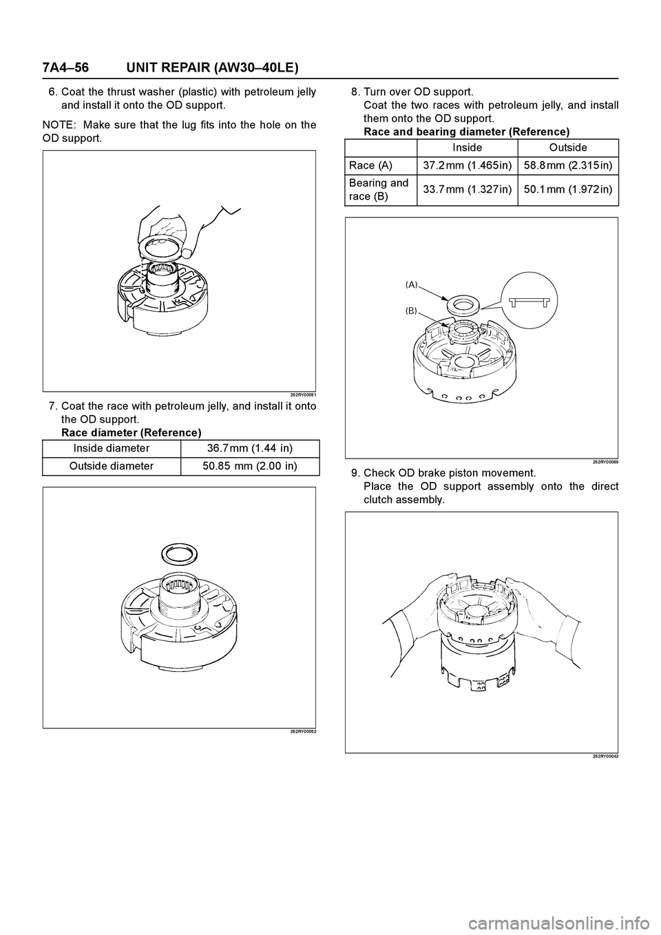 ISUZU TF SERIES 2004  Workshop Manual 7A4–56 UNIT REPAIR (AW30–40LE)
6. Coat the thrust washer (plastic) with petroleum jelly
and install it onto the OD support.
NOTE:  Make sure that the lug fits into the hole on the
OD support.
25 2