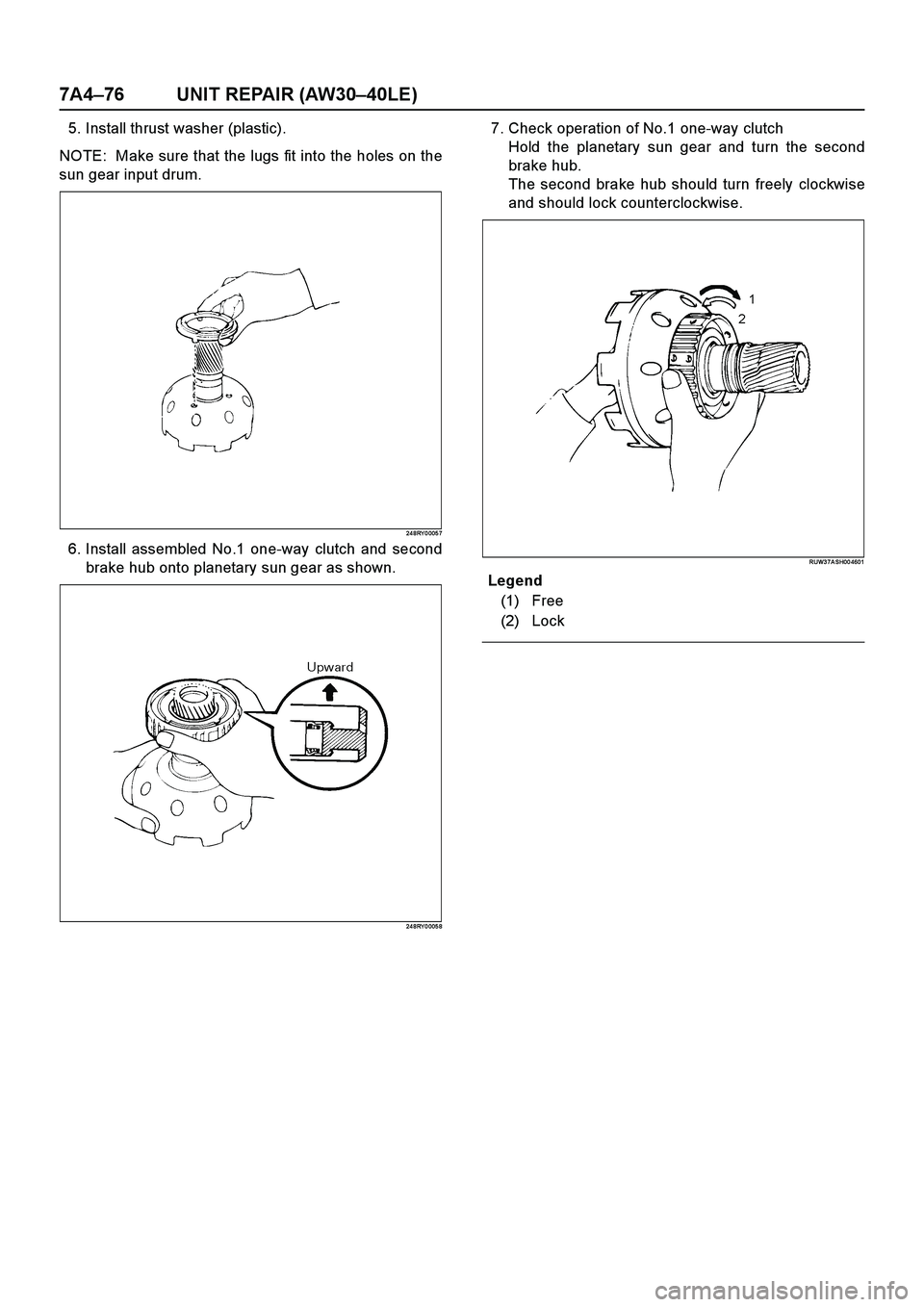 ISUZU TF SERIES 2004  Workshop Manual 7A4–76 UNIT REPAIR (AW30–40LE)
5. Install thrust washer (plastic).
NOTE:  Make sure that the lugs fit into the holes on the
sun gear input drum.
24 8RY 0 005 7
6. Install assembled No.1 one-way cl