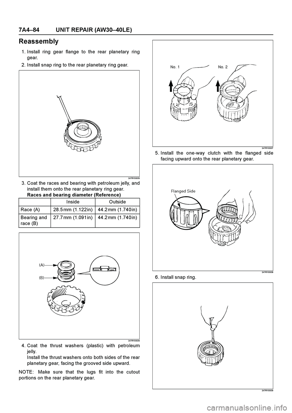 ISUZU TF SERIES 2004  Workshop Manual 7A4–84 UNIT REPAIR (AW30–40LE)
Reassembly
1. Install ring gear flange to the rear planetary ring
gear.
2. Install snap ring to the rear planetary ring gear.
24 7RY 0 003 5
3. Coat the races and be