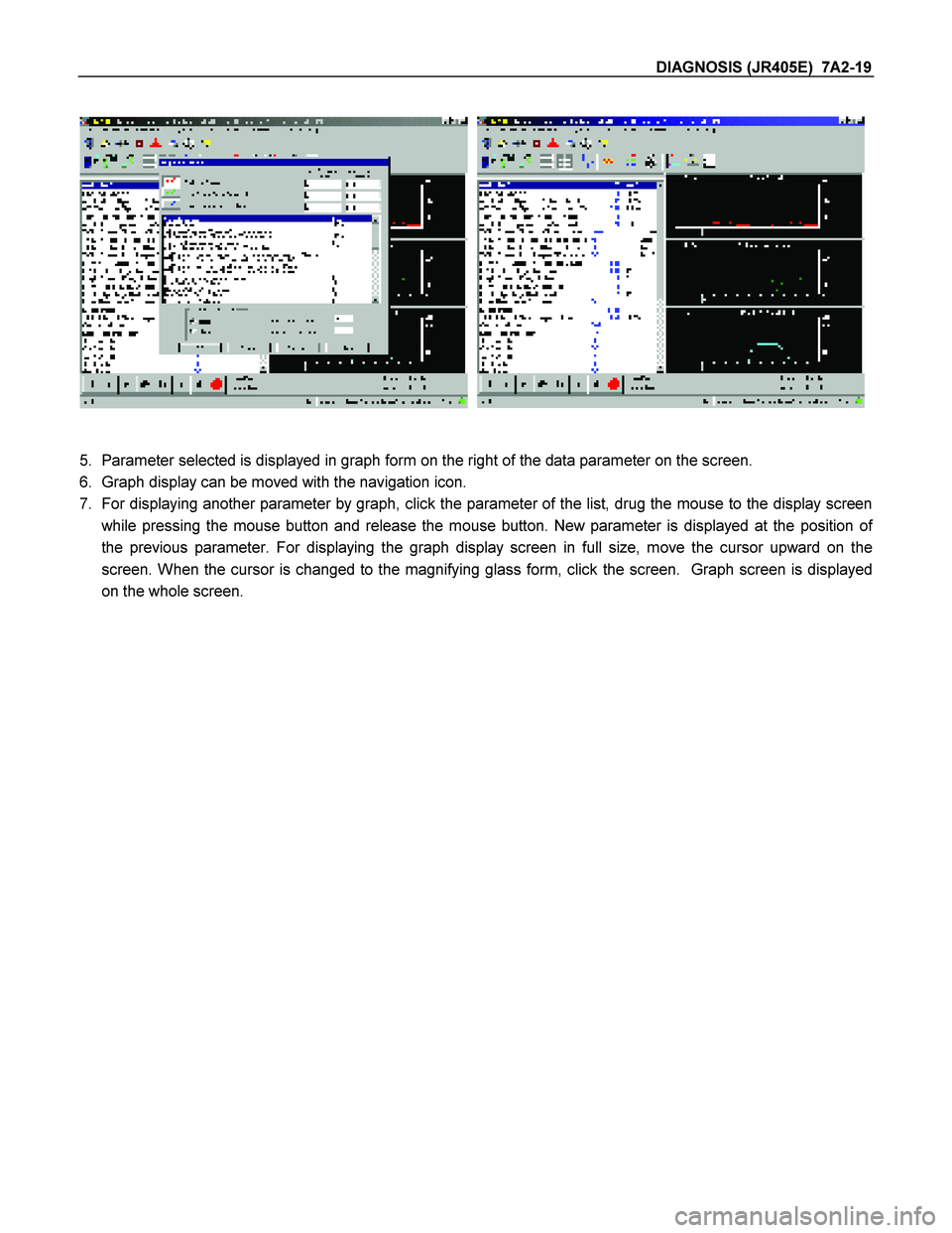 ISUZU TF SERIES 2004 Workshop Manual DIAGNOSIS (JR405E) 7A2-19
5. Parameter selected is displayed in graph form on the right of the data parameter on the screen.
6. Graph display can be moved with the navigation icon.
7. ISUZU TF SERIES 2004 Workshop Manual DIAGNOSIS (JR405E) 7A2-19
5. Parameter selected is displayed in graph form on the right of the data parameter on the screen.
6. Graph display can be moved with the navigation icon.
7.