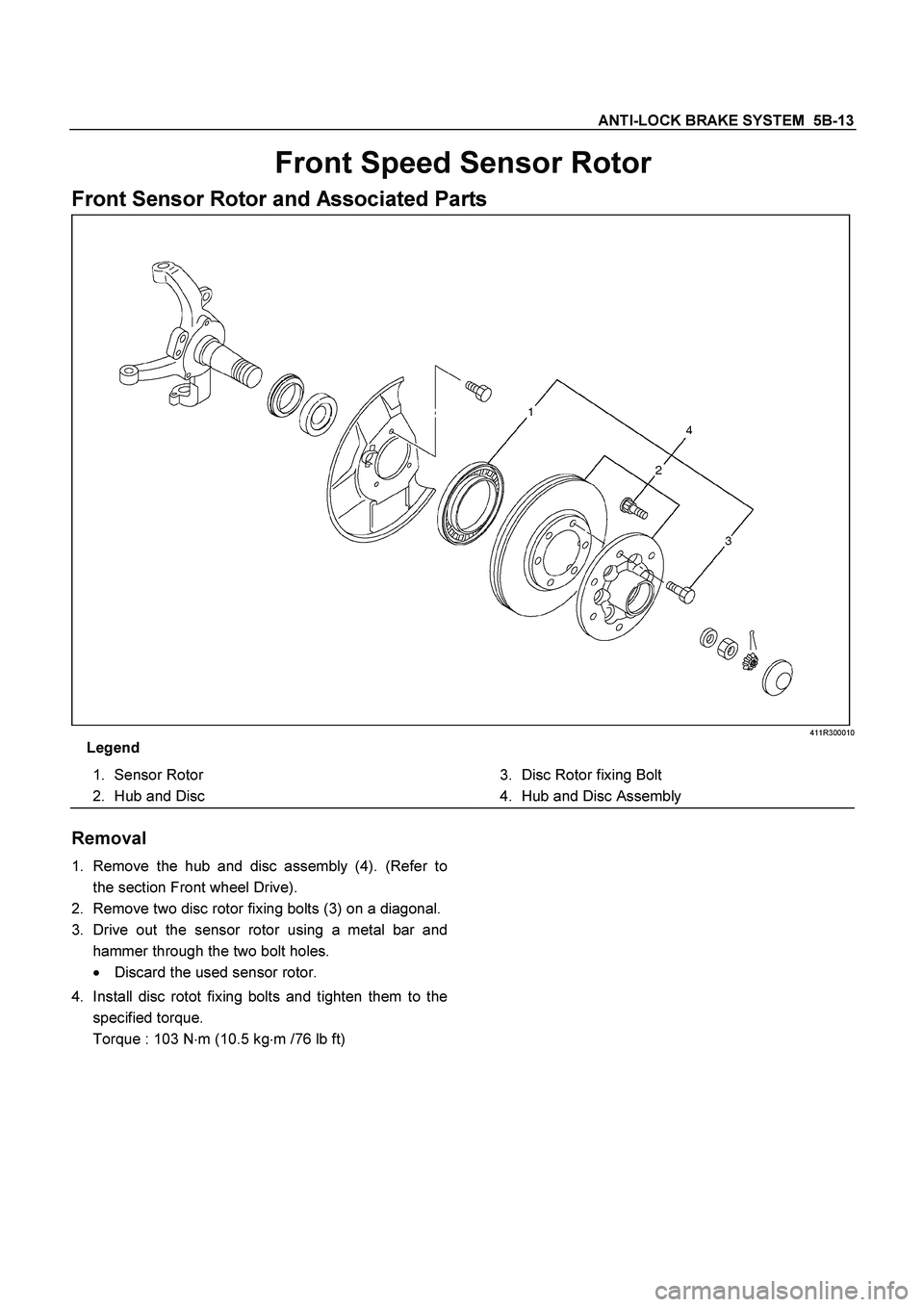ISUZU TF SERIES 2004 User Guide ANTI-LOCK BRAKE SYSTEM  5B-13
 
Front Speed Sensor Rotor 
Front Sensor Rotor and Associated Parts 
411R300010
Legend
 
 
1. 
Sensor Rotor 
 
2. 
Hub and Disc  
 
 
3. 
Disc Rotor fixing Bolt 
 
4.  Hu