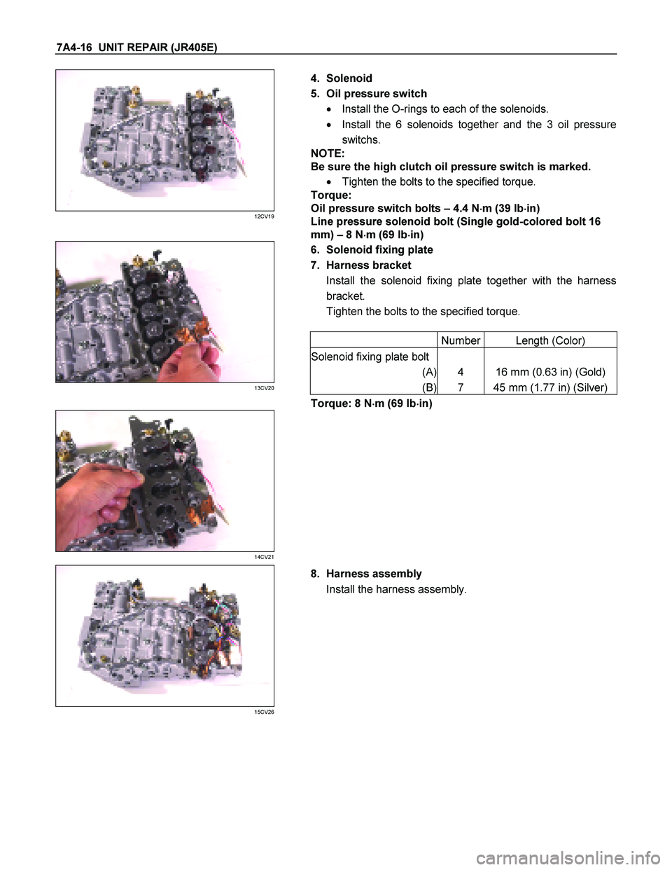 ISUZU TF SERIES 2004 Repair Manual 7A4-16  UNIT REPAIR (JR405E) 
 
12CV19 
  
   4. Solenoid  
5.  Oil pressure switch     Install the O-rings to each of the solenoids.  
    Install the 6 solenoids together and the 3 oil pressure 
s