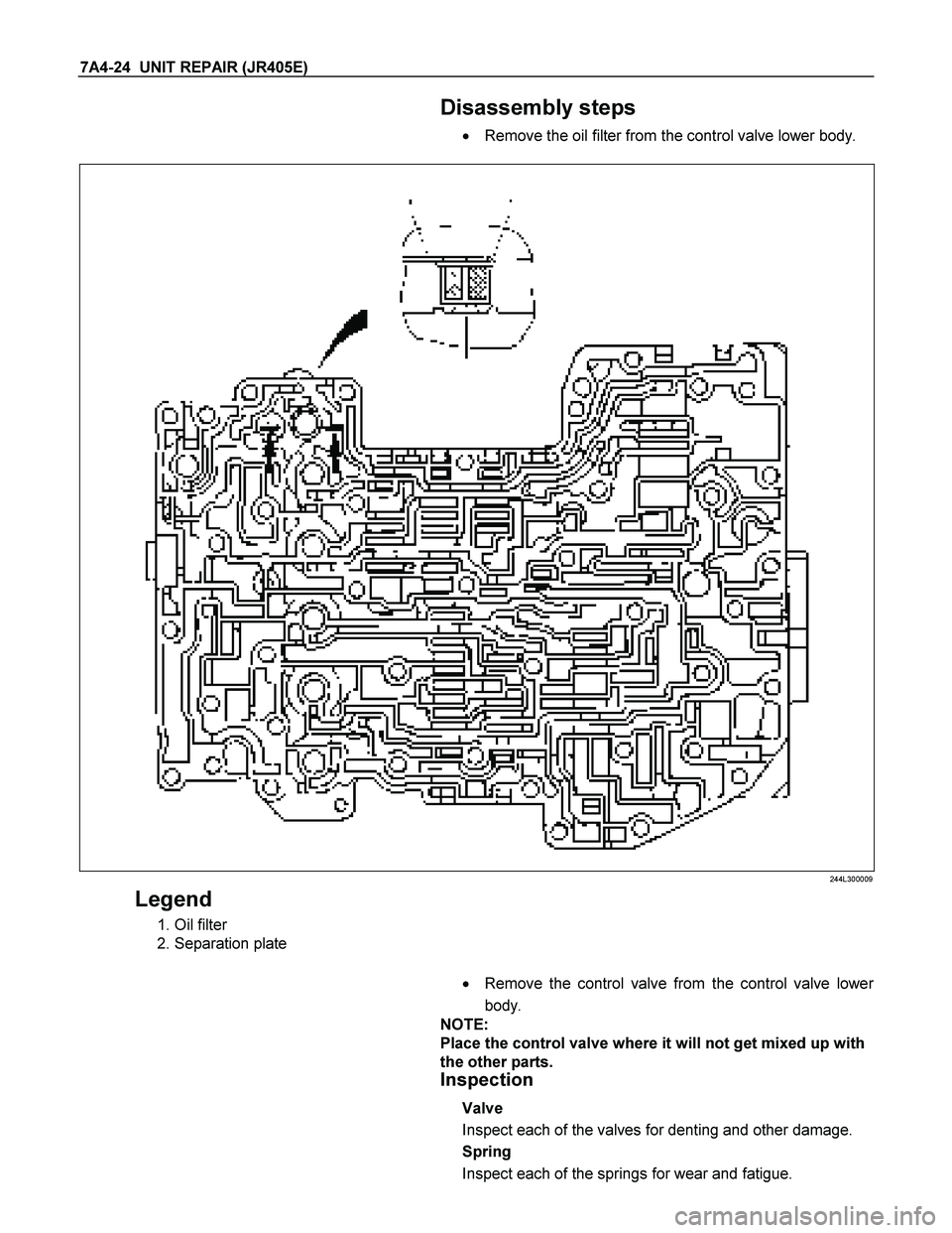 ISUZU TF SERIES 2004  Workshop Manual 7A4-24  UNIT REPAIR (JR405E) 
 
 Disassembly steps 
  Remove the oil filter from the control valve lower body. 
 
 244L300009 
Legend 
  1. Oil filter 
  2. Separation plate  
 
 
 
  
   Remove the