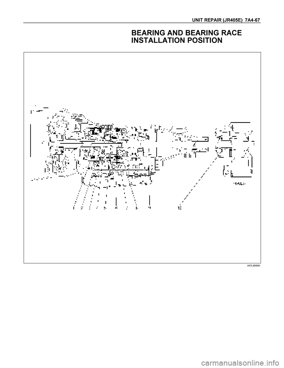 ISUZU TF SERIES 2004  Workshop Manual UNIT REPAIR (JR405E)  7A4-67 
 
 BEARING AND BEARING RACE 
INSTALLATION POSITION 
 
 A07L300001  