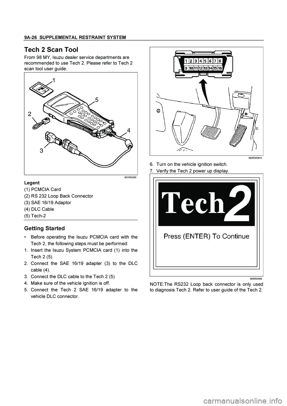 ISUZU TF SERIES 2004  Workshop Manual 9A-26  SUPPLEMENTAL RESTRAINT SYSTEM
 
Tech 2 Scan Tool 
From 98 MY, Isuzu dealer service departments are 
recommended to use Tech 2. Please refer to Tech 2 
scan tool user guide. 
901RW200
Legent 
(1