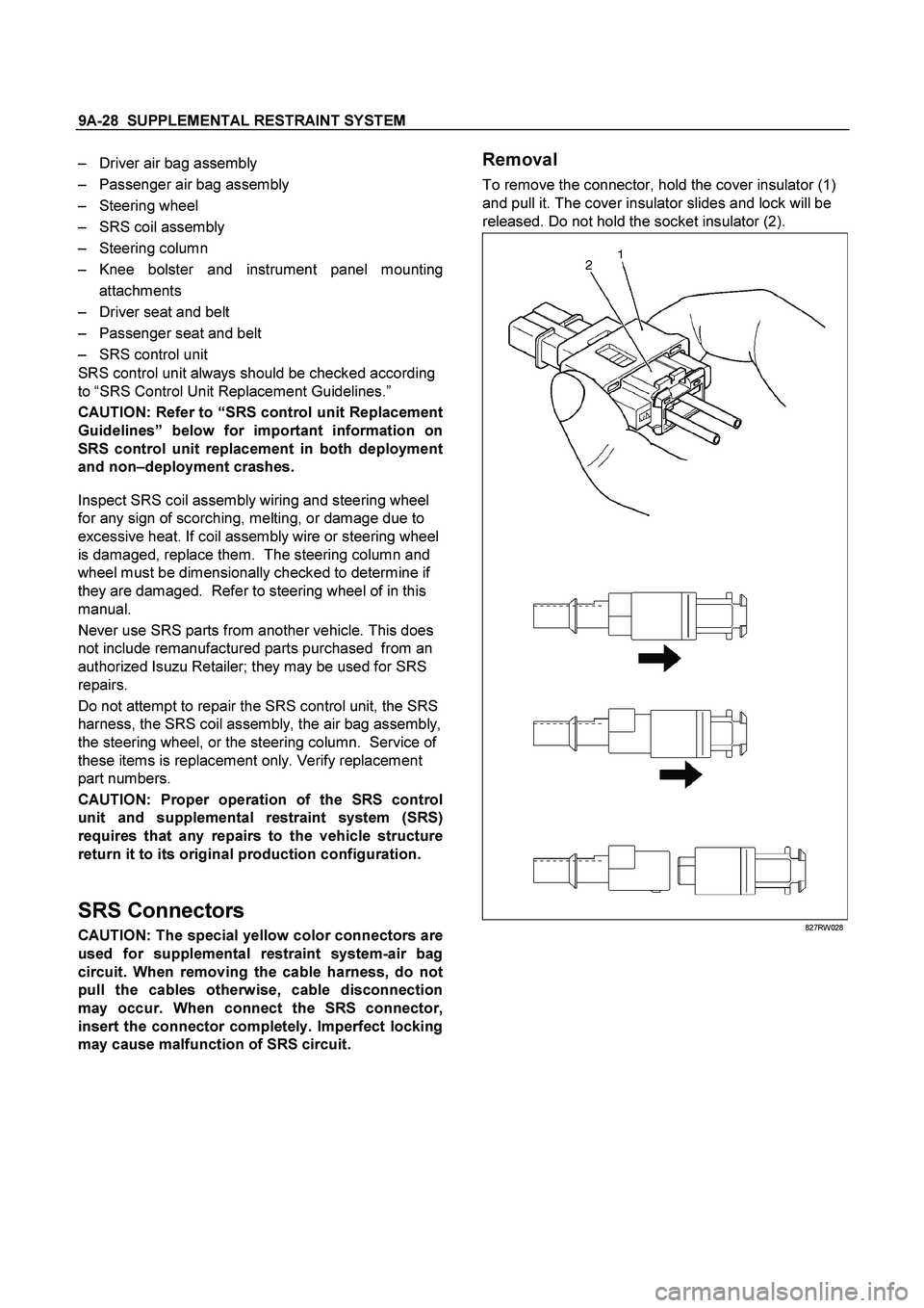 ISUZU TF SERIES 2004  Workshop Manual 9A-28  SUPPLEMENTAL RESTRAINT SYSTEM
 
–  Driver air bag assembly 
–  Passenger air bag assembly 
– Steering wheel 
–  SRS coil assembly 
– Steering column 
– Knee bolster and instrument p