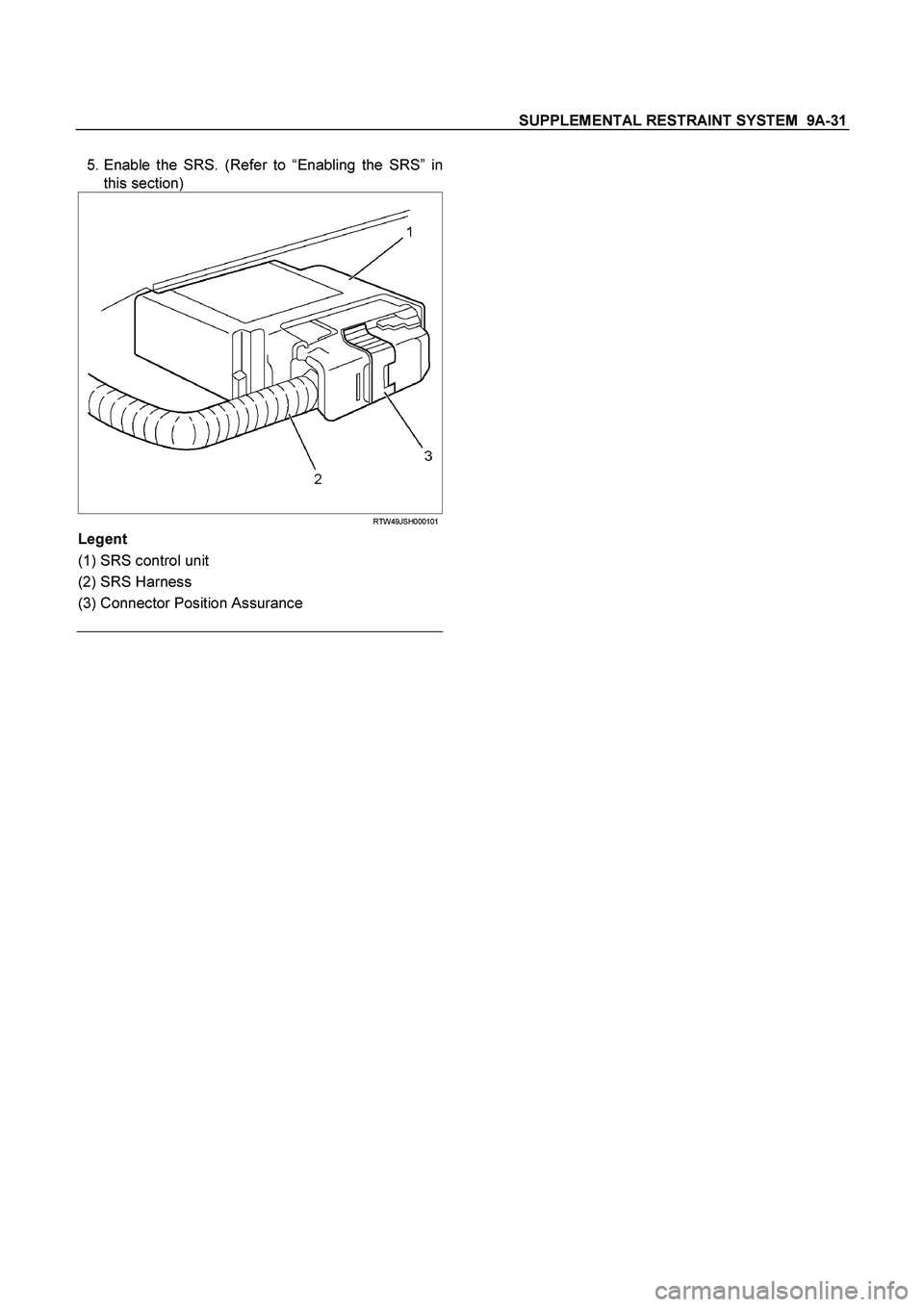 ISUZU TF SERIES 2004 Repair Manual SUPPLEMENTAL RESTRAINT SYSTEM  9A-31
 
  5. Enable the SRS. (Refer to “Enabling the SRS”in 
this section)
 
  
RTW49JSH000101
Legent 
(1) SRS control unit 
(2) SRS Harness 
(3) Connector Position 