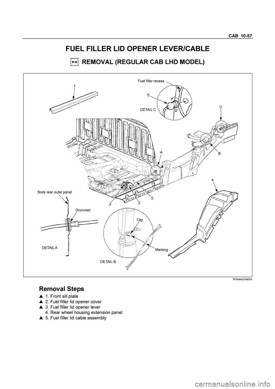 ISUZU TF SERIES 2004  Workshop Manual CAB  10-57 
FUEL FILLER LID OPENER LEVER/CABLE 
  REMOVAL (REGULAR CAB LHD MODEL) 
 
  
 
 RTW4A0LF000101 
 
Removal Steps 
   1. Front sill plate   
    2. Fuel filler lid opener cover   
    3. F