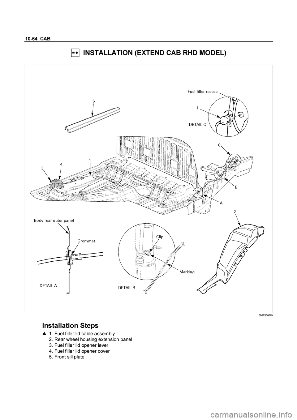 ISUZU TF SERIES 2004 User Guide 10-64  CAB 
  INSTALLATION (EXTEND CAB RHD MODEL) 
 
 686R300019 
 
Installation Steps 
   1. Fuel filler lid cable assembly  
  2. Rear wheel housing extension panel 
  3. Fuel filler lid opener lev