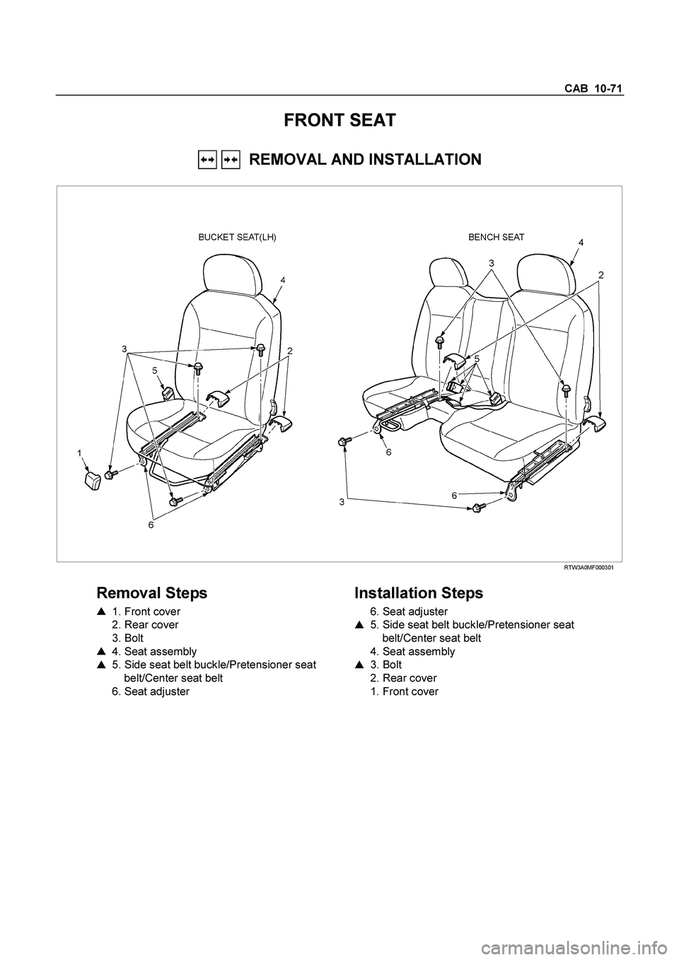 ISUZU TF SERIES 2004 Owners Manual CAB  10-71 
FRONT SEAT 
   REMOVAL AND INSTALLATION 
 
 RTW3A0MF000301 
 
Removal Steps 
  1. Front cover  
  2. Rear cover  
 3. Bolt  
    4. Seat assembly  
    5. Side seat belt buckle/Pretensi
