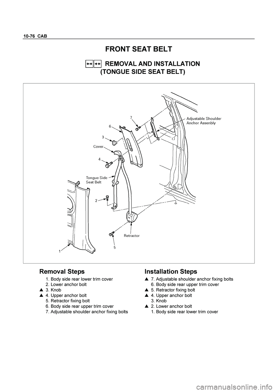 ISUZU TF SERIES 2004 Owners Manual 10-76  CAB 
FRONT SEAT BELT 
   REMOVAL AND INSTALLATION  
(TONGUE SIDE SEAT BELT) 
 
  
 
Removal Steps 
  1. Body side rear lower trim cover  
  2. Lower anchor bolt  
   3. Knob  
    4. Upper an