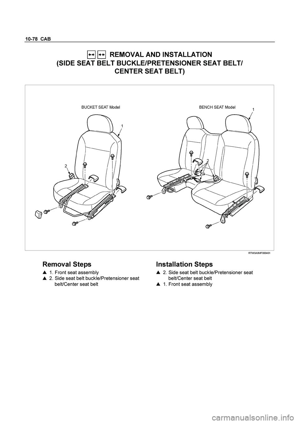 ISUZU TF SERIES 2004 Owners Manual 10-78  CAB 
   REMOVAL AND INSTALLATION  
(SIDE SEAT BELT BUCKLE/PRETENSIONER SEAT BELT/   CENTER SEAT BELT) 
 
 RTW3A0MF000401 
 
Removal Steps 
   1. Front seat assembly  
    2. Side seat belt bu