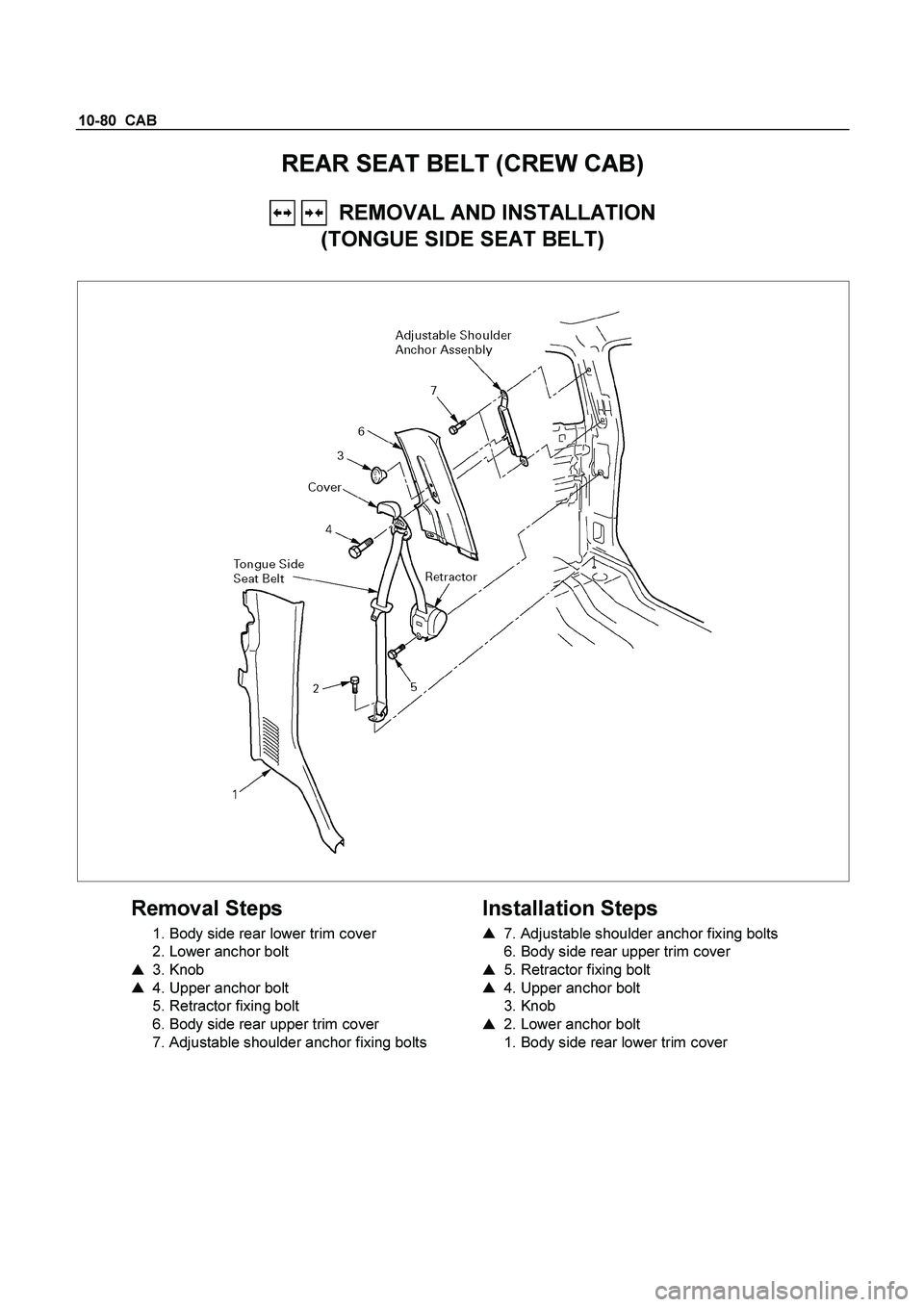 ISUZU TF SERIES 2004 Owners Manual 10-80  CAB 
REAR SEAT BELT (CREW CAB) 
   REMOVAL AND INSTALLATION  
(TONGUE SIDE SEAT BELT) 
 
  
 
Removal Steps 
  1. Body side rear lower trim cover  
  2. Lower anchor bolt 
   3. Knob  
    4.