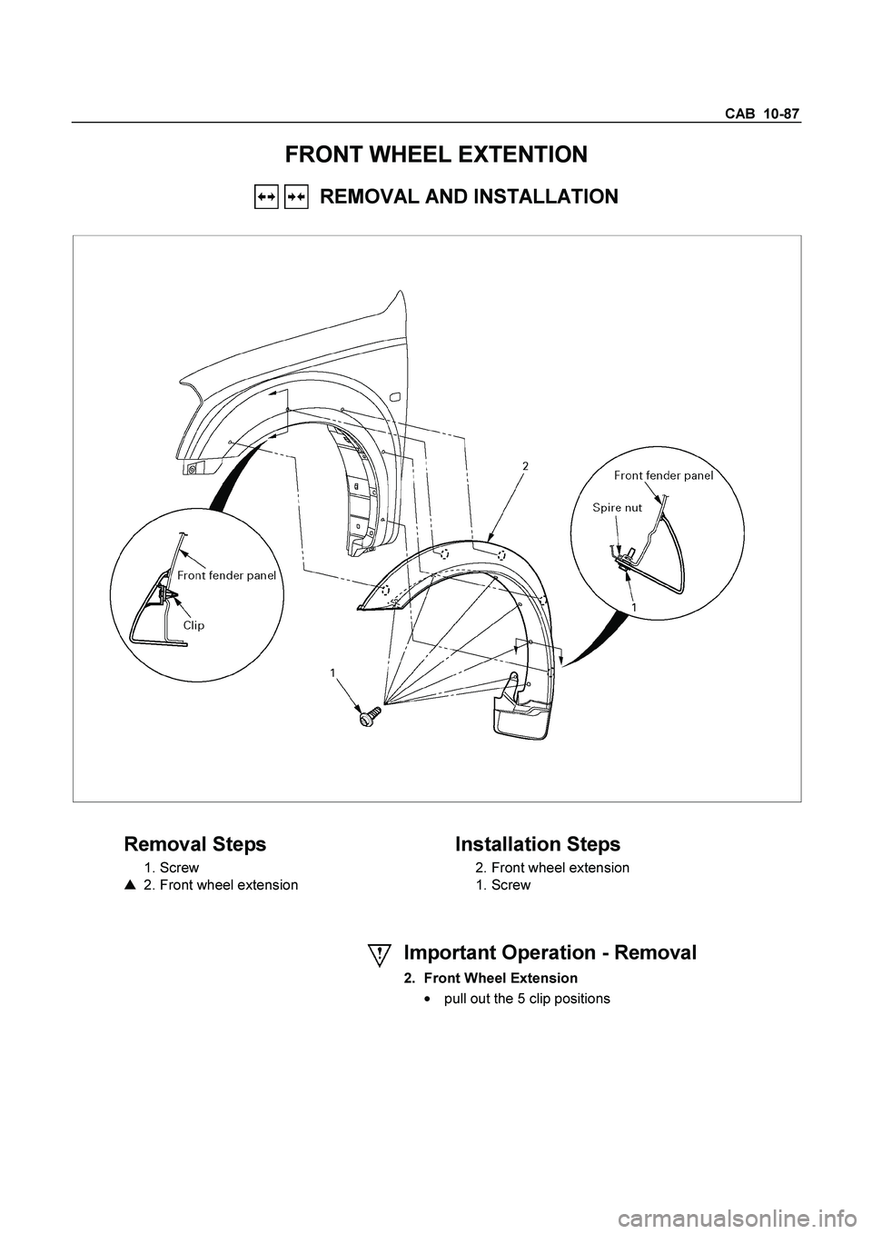 ISUZU TF SERIES 2004  Workshop Manual CAB  10-87 
FRONT WHEEL EXTENTION 
   REMOVAL AND INSTALLATION 
 
  
  
 
Removal Steps 
 1. Screw 
    2. Front wheel extension  
    
Installation Steps 
  2. Front wheel extension  
 1. Screw  
 
