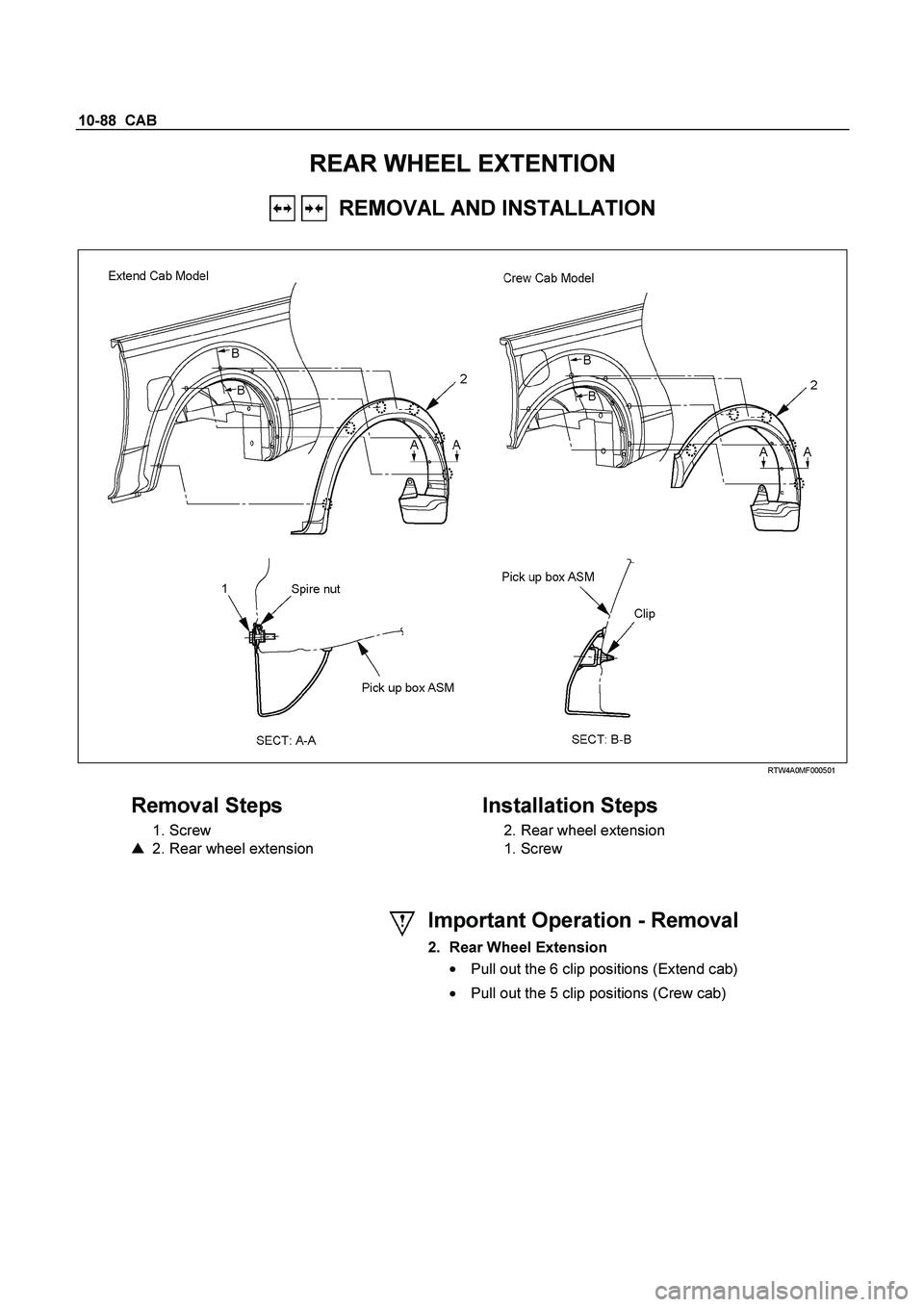 ISUZU TF SERIES 2004  Workshop Manual 10-88  CAB 
REAR WHEEL EXTENTION 
   REMOVAL AND INSTALLATION 
 
  
  RTW4A0MF000501 
 
Removal Steps 
 1. Screw  
    2. Rear wheel extension  
    
Installation Steps 
  2. Rear wheel extension  
 