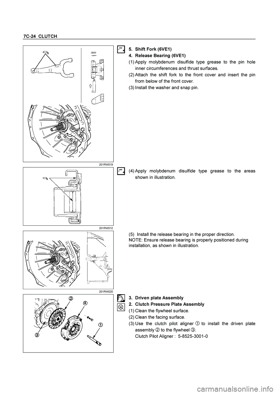ISUZU TF SERIES 2004  Workshop Manual 7C-24  CLUTCH 
 201RW019 
5. Shift Fork (6VE1) 
4.  Release Bearing (6VE1) 
(1) 
Apply molybdenum disulfide type grease to the pin hole
inner circumferences and thrust surfaces. 
(2) 
Attach the shift