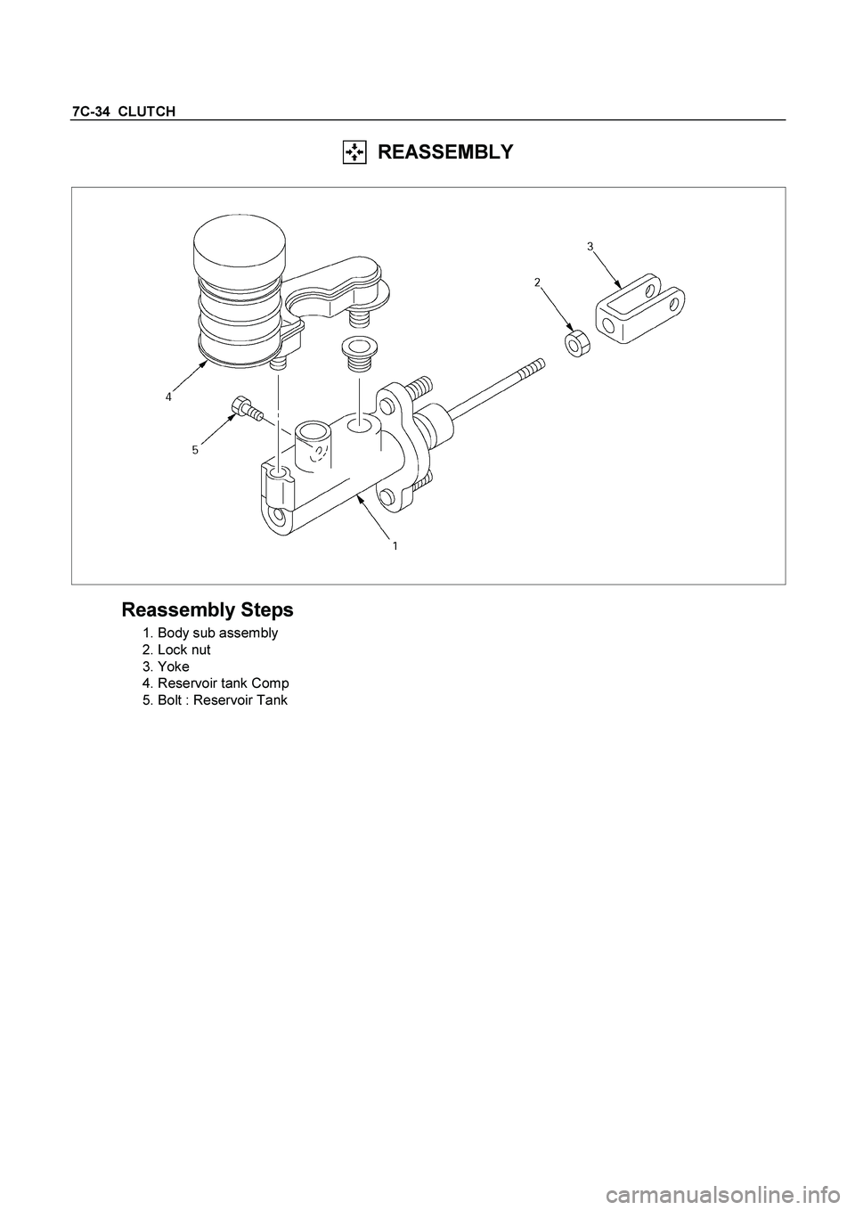 ISUZU TF SERIES 2004  Workshop Manual 7C-34  CLUTCH 
  REASSEMBLY 
 
 
 
Reassembly Steps 
  1. Body sub assembly 
 2. Lock nut 
 3. Yoke 
  4. Reservoir tank Comp 
  5. Bolt : Reservoir Tank 
  
 
  
 
 
  