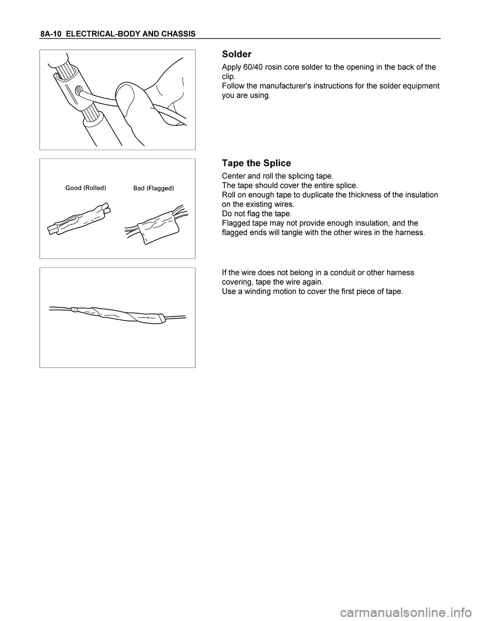 ISUZU TF SERIES 2004  Workshop Manual 8A-10  ELECTRICAL-BODY AND CHASSIS 
 
  
 
 Solder 
Apply 60/40 rosin core solder to the opening in the back of the 
clip. 
Follow the manufacturers instructions for the solder equipment 
you are usi