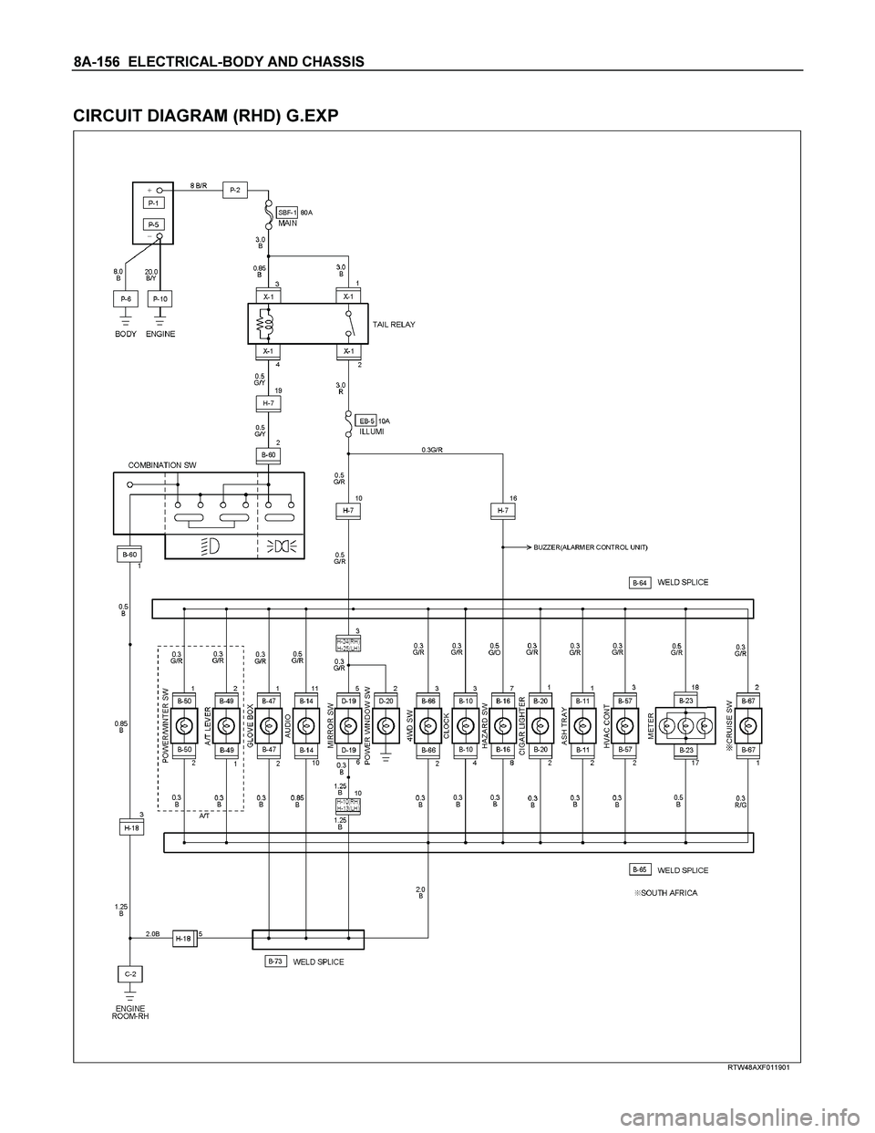 ISUZU TF SERIES 2004 Service Manual 8A-156  ELECTRICAL-BODY AND CHASSIS 
 
CIRCUIT DIAGRAM (RHD) G.EXP 
  
 
 
 
 
RTW48AXF011901  