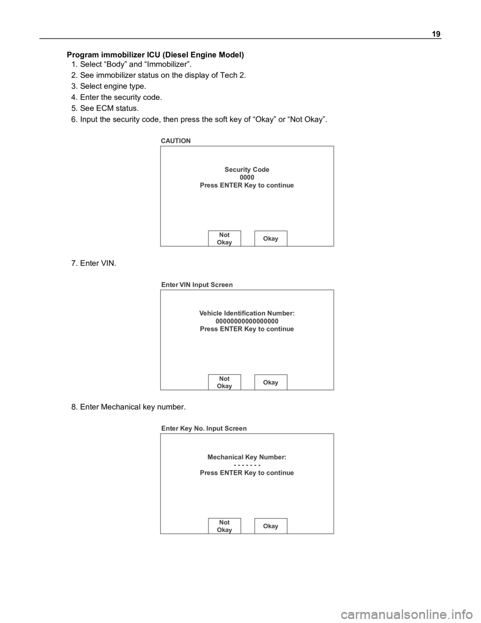 ISUZU TFR SERIES 1997  Workshop Manual 19
Program immobilizer ICU (Diesel Engine Model)
1. Select “Body” and “Immobilizer”.
2. See immobilizer status on the display of Tech 2.
3. Select engine type.
4. Enter the security code.
5. S