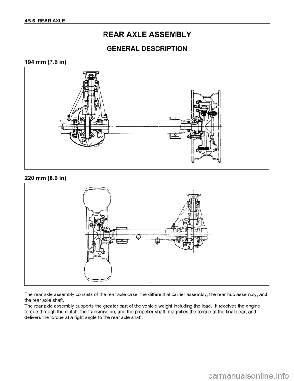 ISUZU TFS SERIES 1997  Workshop Manual 4B-6  REAR AXLE
REAR AXLE ASSEMBLY
GENERAL DESCRIPTION
194 mm (7.6 in)
220 mm (8.6 in)
The rear axle assembly consists of the rear axle case, the differential carrier assembly, the rear hub assembly, 