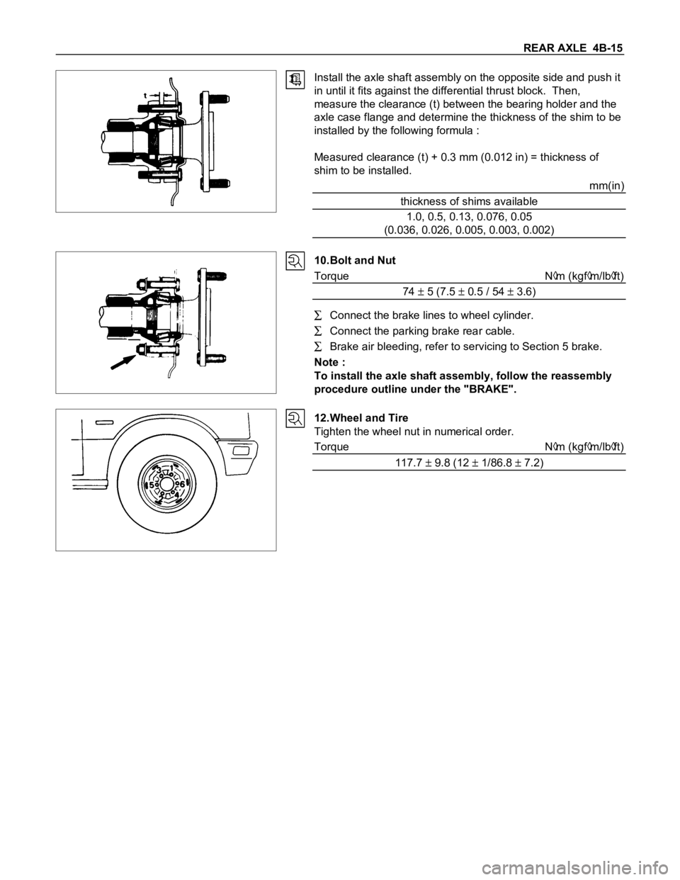 ISUZU TFS SERIES 1997  Workshop Manual REAR AXLE  4B-15
Install the axle shaft assembly on the opposite side and push it
in until it fits against the differential thrust block.  Then,
measure the clearance (t) between the bearing holder an