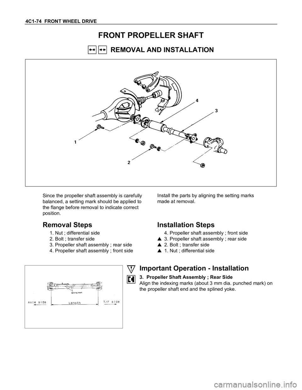 ISUZU TFS SERIES 1997 Service Manual 4C1-74 FRONT WHEEL DRIVE
FRONT PROPELLER SHAFT
REMOVAL AND INSTALLATION
Since the propeller shaft assembly is carefully
balanced, a setting mark should be applied to
the flange before removal to i ISUZU TFS SERIES 1997 Service Manual 4C1-74 FRONT WHEEL DRIVE
FRONT PROPELLER SHAFT
REMOVAL AND INSTALLATION
Since the propeller shaft assembly is carefully
balanced, a setting mark should be applied to
the flange before removal to i
