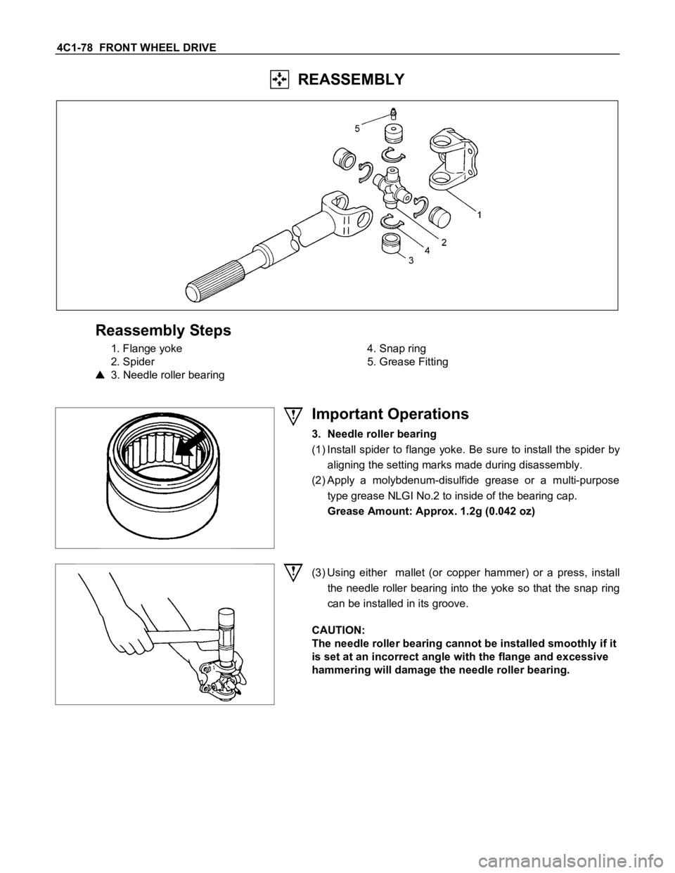 ISUZU TFS SERIES 1997  Workshop Manual 4C1-78  FRONT WHEEL DRIVE
  REASSEMBLY
Reassembly Steps
1. Flange yoke
2. Spider
3. Needle roller bearing4. Snap ring
5. Grease Fitting
Important Operations
3. Needle roller bearing
(1) Install spider