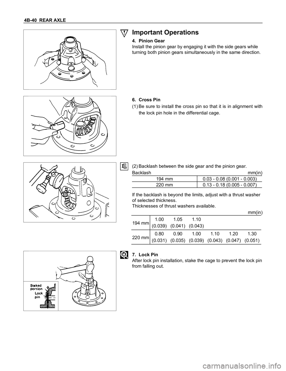 ISUZU TFS SERIES 1997 Owners Guide 4B-40 REAR AXLE
Important Operations
4. Pinion Gear
Install the pinion gear by engaging it with the side gears while
turning both pinion gears simultaneously in the same direction.
6. Cross Pin
(1) B ISUZU TFS SERIES 1997 Owners Guide 4B-40 REAR AXLE
Important Operations
4. Pinion Gear
Install the pinion gear by engaging it with the side gears while
turning both pinion gears simultaneously in the same direction.
6. Cross Pin
(1) B