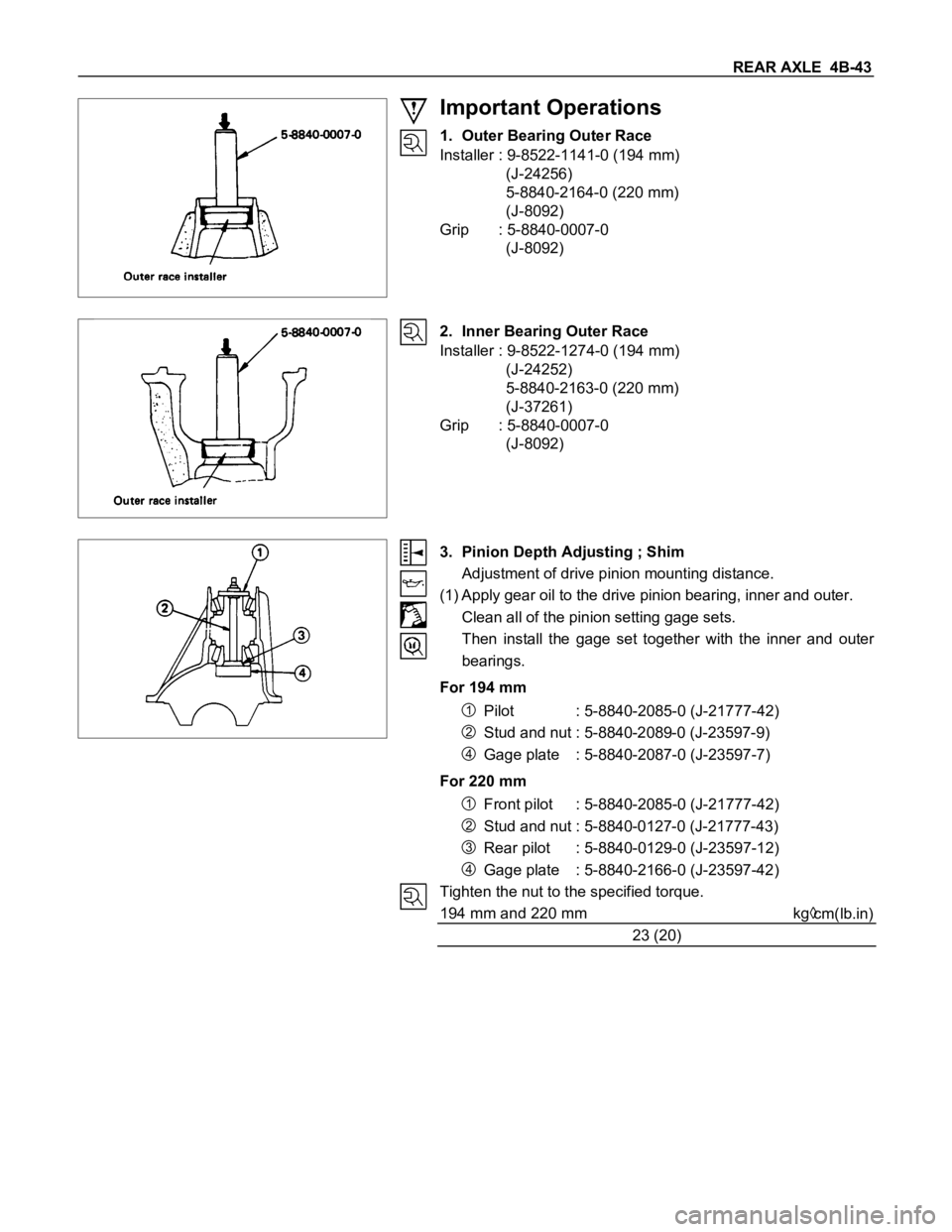 ISUZU TFS SERIES 1997 Owners Guide REAR AXLE 4B-43
Important Operations
1. Outer Bearing Outer Race
Installer : 9-8522-1141-0 (194 mm)
(J-24256)
5-8840-2164-0 (220 mm)
(J-8092)
Grip : 5-8840-0007-0
(J-8092)
2. Inner Bearing Outer Rac ISUZU TFS SERIES 1997 Owners Guide REAR AXLE 4B-43
Important Operations
1. Outer Bearing Outer Race
Installer : 9-8522-1141-0 (194 mm)
(J-24256)
5-8840-2164-0 (220 mm)
(J-8092)
Grip : 5-8840-0007-0
(J-8092)
2. Inner Bearing Outer Rac