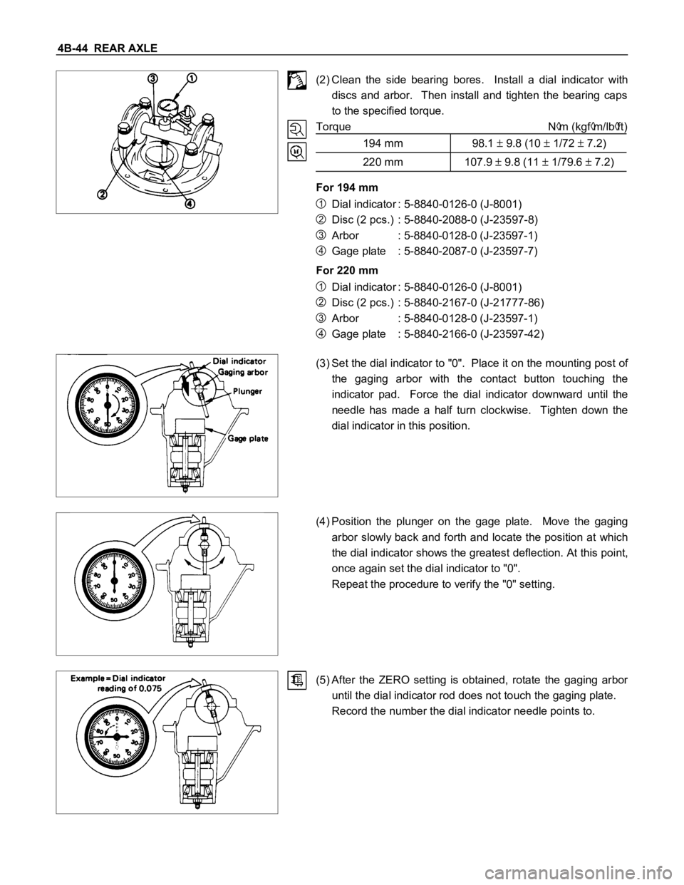 ISUZU TFS SERIES 1997  Workshop Manual 4B-44  REAR AXLE
(2) Clean  the  side  bearing  bores.    Install  a  dial  indicator  with
discs  and  arbor.    Then  install  and  tighten  the  bearing  caps
to the specified torque.
Torque N
m (k