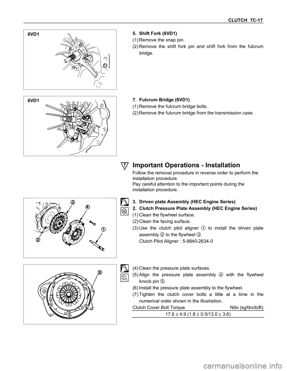 ISUZU TFS SERIES 1997 Owners Guide CLUTCH 7C-17
6VD15. Shift Fork (6VD1)
(1) Remove the snap pin.
(2) Remove the shift fork pin and shift fork from the fulcrum
bridge.
6VD17. Fulcrum Bridge (6VD1)
(1) Remove the fulcrum brid ISUZU TFS SERIES 1997 Owners Guide CLUTCH 7C-17
6VD15. Shift Fork (6VD1)
(1) Remove the snap pin.
(2) Remove the shift fork pin and shift fork from the fulcrum
bridge.
6VD17. Fulcrum Bridge (6VD1)
(1) Remove the fulcrum brid