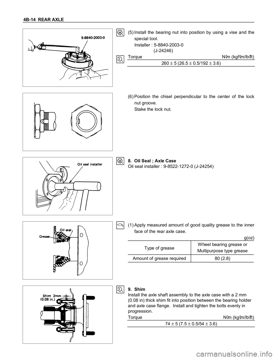 ISUZU TFS SERIES 1997  Workshop Manual 4B-14  REAR AXLE
(5) Install  the  bearing  nut  into  position  by  using  a  vise  and  the
special tool.
Installer : 5-8840-2003-0
(J-24246)
Torque N
m (kgfm/lbft)
260 
 5 (26.5  0.5/192  3.6)
(6) 